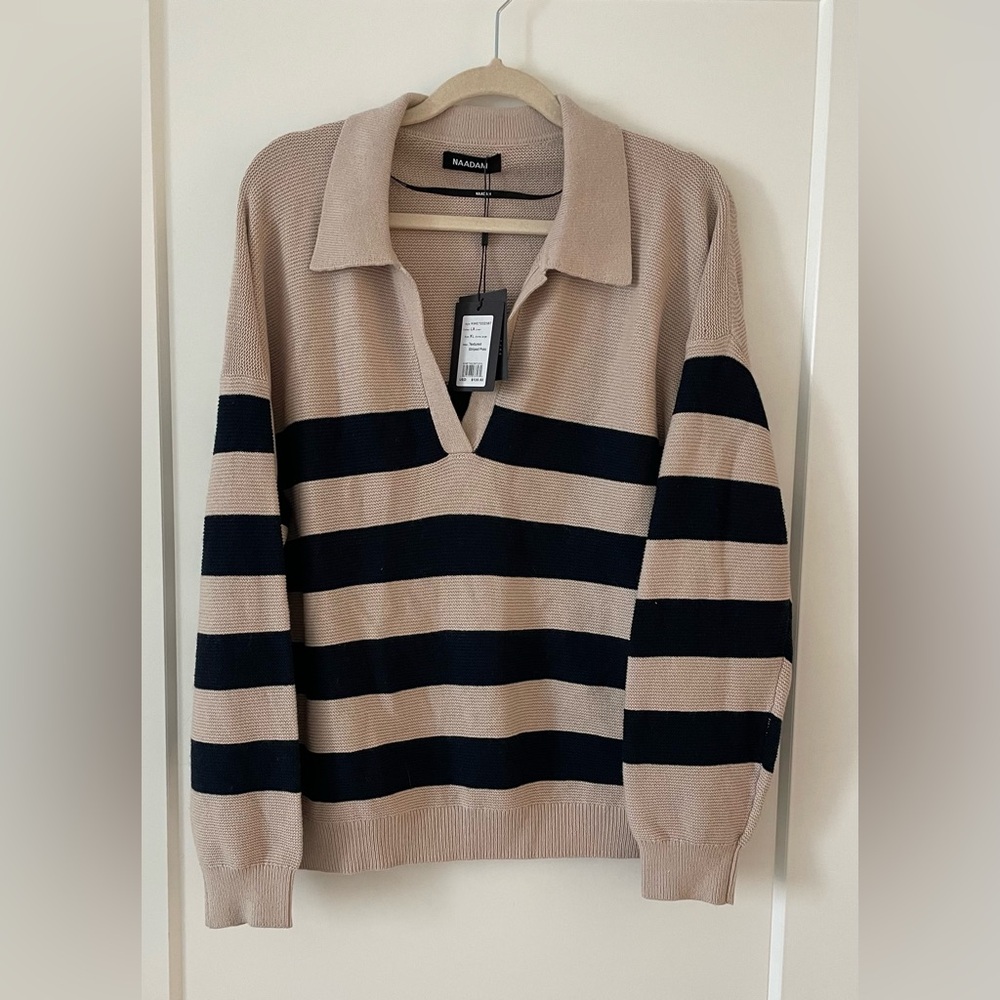 NWT NAADAM Textured Striped Polo, Linen and Navy, XL